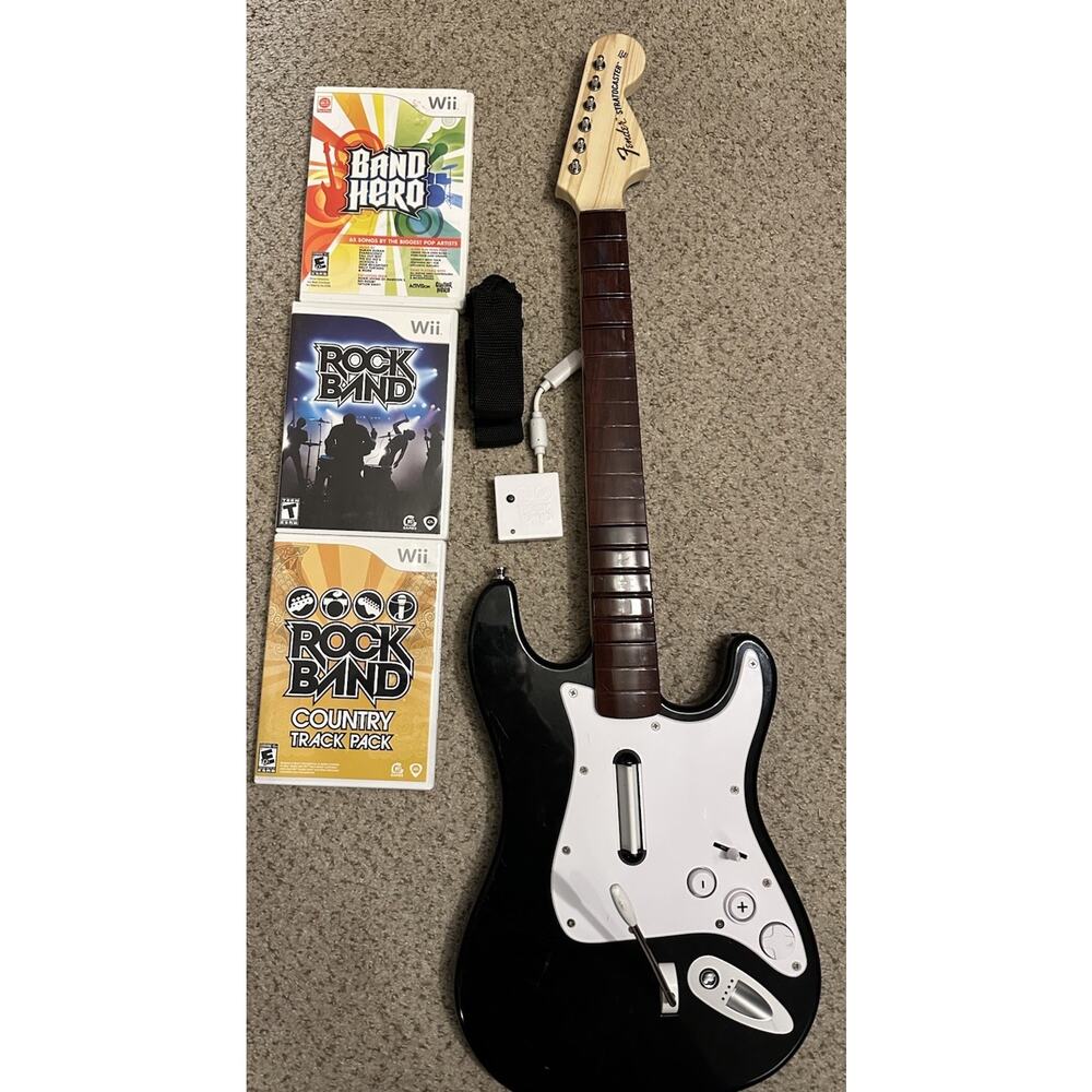 Nintendo Wii Rock Band Guitar w Dongle Strap 3 Games RockBand Country Band Hero
